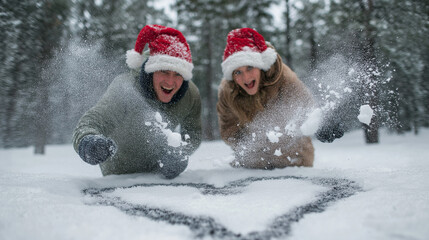 Playful couple wearing Santa hats having snowball fight around heart shape drawn in snow, laughing joyfully, snow flying in air, heart symbol between them, dynamic action shot, winter forest setting