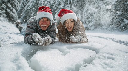 Playful couple wearing Santa hats having snowball fight around heart shape drawn in snow, laughing joyfully, snow flying in air, heart symbol between them, dynamic action shot, winter forest setting