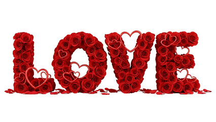 Romantic word love crafted from vibrant red rose petals and delicate heart shapes isolated on transparent background