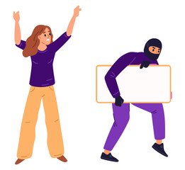 Thief runs away with woman stolen mobile phone. Masked criminal escaping from robbed girl. Angry commits crime. Pickpocket and smartphone theft. Robber carrying gadget. Vector concept