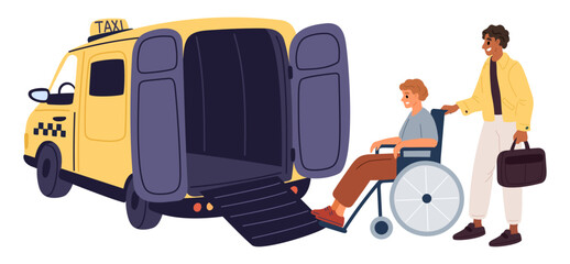 Taxi driver for people with disabilities helps man in wheelchair get into car. Paralyzed passenger. Injured character boarding in automobile cabin with chauffeur support. Vector concept