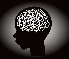 Silhouette of childs head with confused thoughts. Childhood psychological trauma or mental disorder. Tangled mind. Depressed kid. Medical diagnosis. Baby anxiety therapy. Vector concept