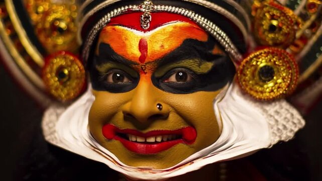 Traditional Kathakali dancer face close up with expressive colorful makeup, Indian classical art performance from Kerala, cultural heritage concept, dramatic theatre expression, festival celebration p