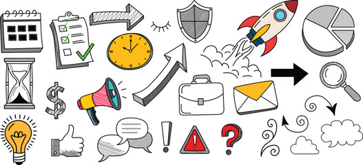 A dynamic, hand-drawn collage of colorful business and strategy icons including clock, calendar, rocket, lightbulb, dollar sign, megaphone, and pie chart