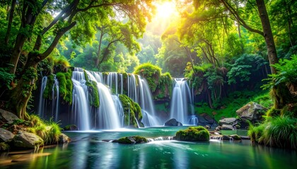 Obraz premium Serene waterfall cascades into a calm, clear pool, surrounded by lush green trees under a bright, sunlit sky