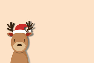 Cute Reindeer Wearing Santa Hat on Beige Background