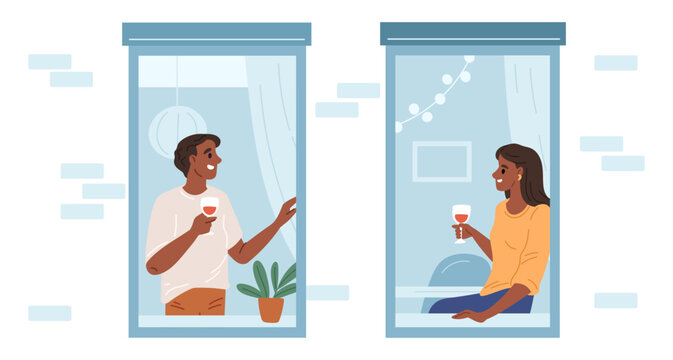 Neighbors man and woman talking at window and drinking wine. Couple sitting inside on windowsills. Housemates communication. People in apartments. Residential building. Vector concept