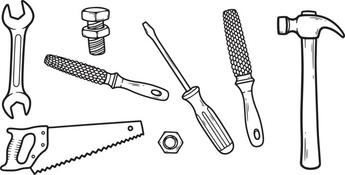 Hand Drawn Tools And Hardware Icons Set Keywords: wrench, spanner, bolt, nut, screw, file, rasp