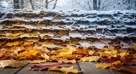 Captivating seasonal transition showing a dividing line between warm autumn leaves (yellow and brown) and winter frost and snow layered on a hedge and foreground wooden deck