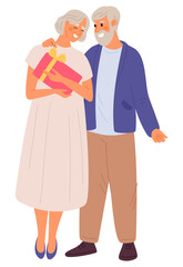 Elderly man gives gift to elderly woman. Happy senior couple celebrates holiday together. Birthday or anniversary present. Romantic dating. Retired girlfriend and boyfriend. Vector concept