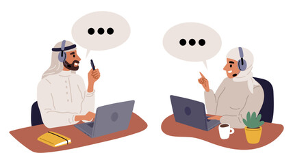 Arab man and woman work in customer service. Call center employees with laptops and headphones. Arabian people. Clients support helpdesk assistants. Online consultants. Vector concept