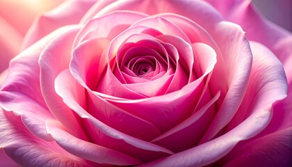 Close-up of a pink rose reveals intricate layers, texture, and soft, dreamy lighting with bright, ethereal glow