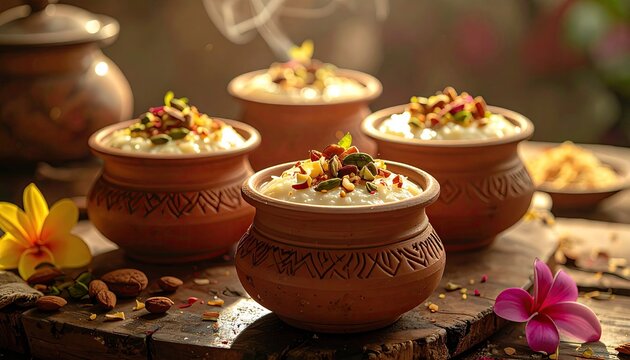 Delicious Indonesian Lepet Sticky Rice and Peanut Cakes in Clay Pots Garnished with Nuts and Flowers Served Outdoors with Soft Sunlight