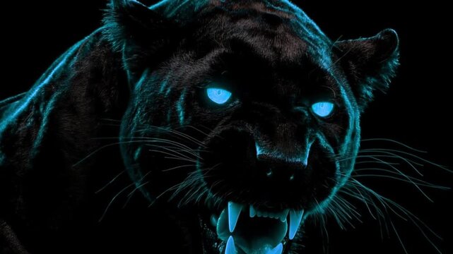 黒豹が睨み暗闇から赤い目が鋭く輝く