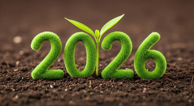 a vibrant sunset over the ocean illuminates the year 2026 written in the sand on a tropical beach