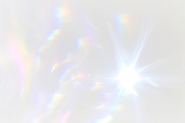 Minimal abstract background with soft iridescent light flares and subtle rainbow reflections on a white surface. Gentle, dreamy lighting and smooth gradients create an airy, ethereal, and elegant atmo
