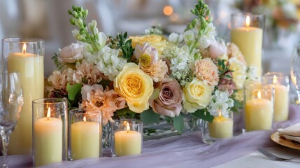 Beautiful floral arrangement featuring yellow roses, soft pink blooms, and white flowers, surrounded by glowing candles, creating an elegant atmosphere for special occasions