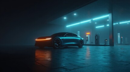 Futuristic electric car parked at a neon-lit charging station in a misty environment, showcasing modern design and advanced technology in an atmospheric setting