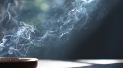 Ethereal smoke rising gracefully from a ceramic bowl, illuminated by soft natural light, creating a tranquil atmosphere and enhancing the serene ambiance of the scene