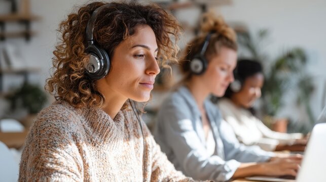 Young woman with curly hair wearing headphones is focused on her laptop in a bright workspace, collaborating with colleagues in a modern office environment