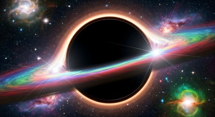 Dramatic 3D rendering of a black hole surrounded by a vibrant, rainbow-colored accretion disk and a glowing event horizon, set in a deep star-filled galaxy or nebula