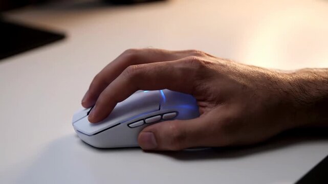 White computer mouse sits on a desk, computer equipment