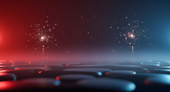 Dramatic red and blue volumetric light effect background with blurry fireworks sparks over a stylized dark cobblestone floor perfect for celebration designs and text overlays