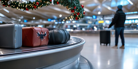 Suitcases circulate on a decorated baggage carousel with a Christmas wreath as a masked traveler waits to collect luggage in a busy airport terminal during holiday travel