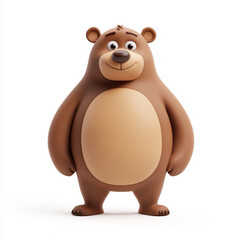 Naklejka premium Friendly cartoon bear standing tall with a big smile and a light brown belly against a white background.