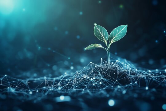 Seedling growth and digital evolution in a futuristic polygonal design