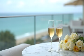 Two champagne glasses and a bouquet on a marble balcony overlooking the ocean.