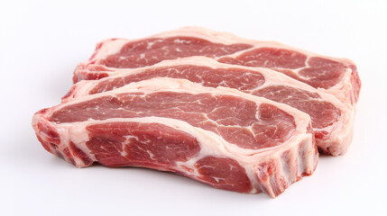 Fototapeta premium Three raw pork chops with visible marbling and bone isolated on a white background.
