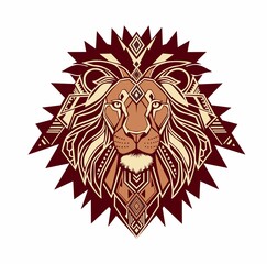 Obraz premium A majestic, stylized lion head vector illustration with a geometric and ornamental design. The powerful king of beasts is depicted with a symmetrical, intricate mane and face, showcasing a blend.