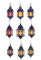 Collection of ornate hanging lanterns with warm glowing light emitting ambiance