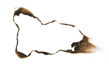 burned hole in white paper background texture. Burn in paper with brown edges and flames isolated on a transparent background.