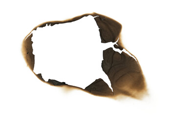 burned hole in white paper background texture. Burn in paper with brown edges and flames isolated...