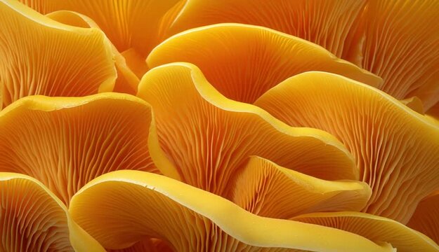 Detailed close-up of yellow oyster mushroom (Pleurotus citrinopileatus), showing its vibrant texture and organic pattern
