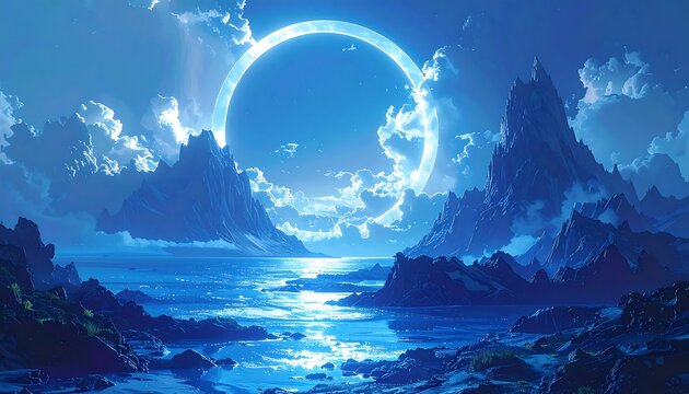 Surreal coastal vista features an ethereal ring in the sky above jagged cliffs and reflective waters under a moonlit glow