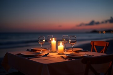 Candlelit dinner table set for two on a beach at twilight.