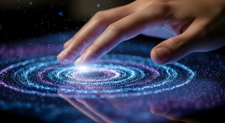 Futuristic close-up of a human hand interacting with a digital display, generating glowing, concentric particle rings in blue and purple, symbolizing technology, innovation, and the digital universe