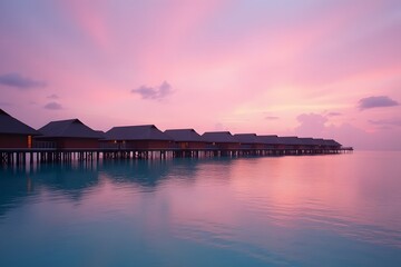 Overwater bungalows stretching into a lagoon under pink sunset skies.