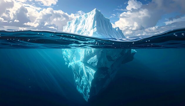 An illustration presents an iceberg partially submerged in the ocean, showing both the visible and underwater sections. Dramatic sky