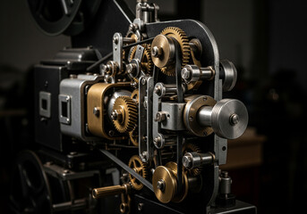 Fototapeta premium Vintage 35mm film projector mechanism in black and gold, representing cinema and obsolete technology