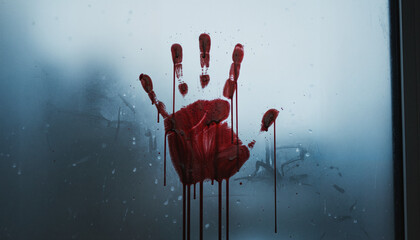 Bloodied handprint smeared on foggy glass window background  