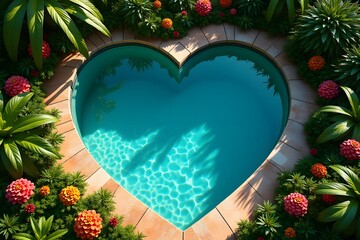 Heart-shaped pool surrounded by tropical flowers viewed from above.