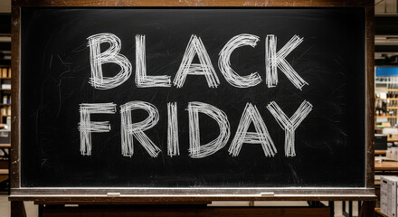Obraz premium Black Friday text written on an old blackboard with white chalk, preparing for big sales in a retail store