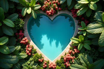 Heart-shaped pool surrounded by tropical flowers viewed from above.