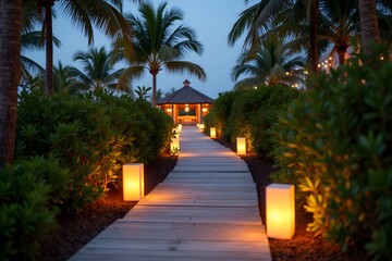 Pathway lined with lanterns leading to a private beach cabana.