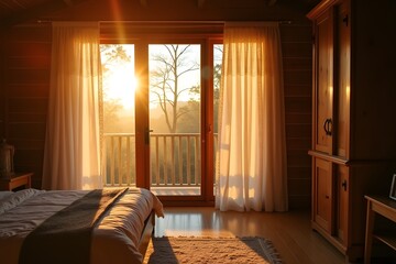Sunlight streaming into a rustic honeymoon cabin through lace curtains.