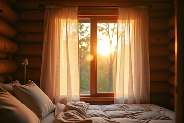 Sunlight streaming into a rustic honeymoon cabin through lace curtains.